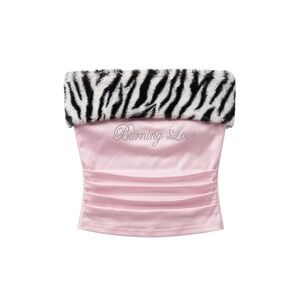 Pink Zebra Faux Fur Trim Tube Top Rhinestone Burning Love Ruched Strapless S